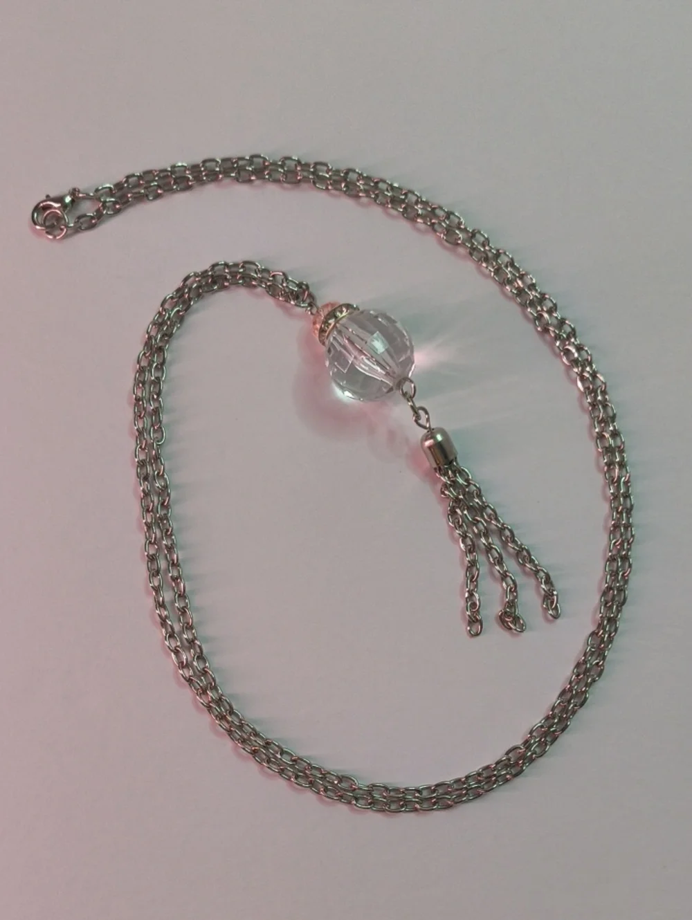 Delicate Silver-Tone Long Necklace with Pink & Clear Crystal Ball Tassel Pendant